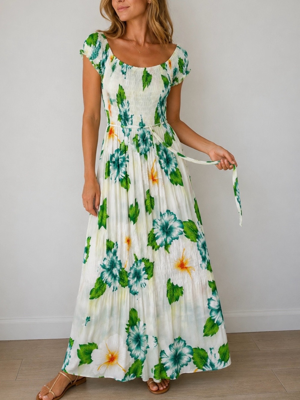 Tropical Hibiscus Floral Smocked Maxi Dress Green White Rayon Boho Size Small